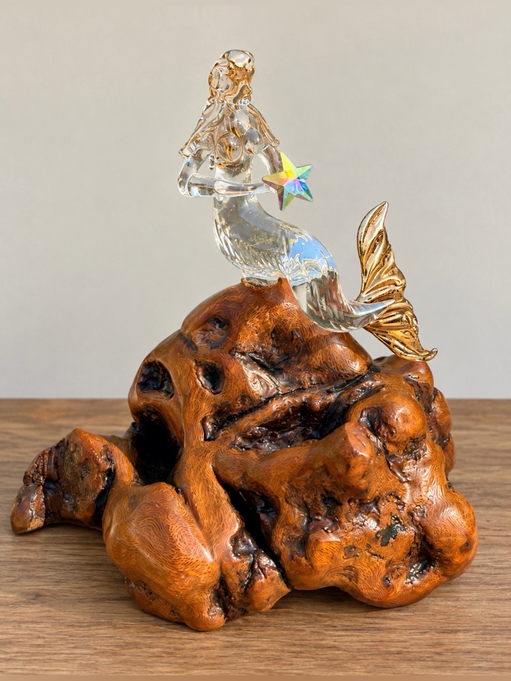 🧜‍♀️ Glass Mermaid Figurine on Natural Burl Wood Base | Vintage | Glass Baron